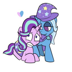 Size: 1280x1280 | Tagged: dead source, safe, artist:stardustspirals, starlight glimmer, trixie, pony, unicorn, g4, comforting, empty eyes, female, floppy ears, heart, lesbian, lidded eyes, mare, no catchlights, no pupils, prone, scared, ship:startrix, shipping, simple background, trixie's cape, trixie's hat, white background