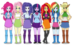 Size: 789x493 | Tagged: safe, artist:kamdenlacrosse, applejack, fluttershy, pinkie pie, rainbow dash, rarity, sunset shimmer, twilight sparkle, human, equestria girls, g4, belt, big hair, boots, bracelet, breasts, clothes, cowboy boots, denim skirt, female, humane five, humane seven, humane six, jacket, jewelry, kisekae, legs, simple background, skirt, sleeveless, socks, tank top, transparent background