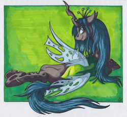 Size: 2463x2278 | Tagged: safe, artist:stormblaze-pegasus, queen chrysalis, changeling, changeling queen, g4, crown, female, high res, jewelry, looking at you, looking back, rear view, regalia, smiling, solo, traditional art, underhoof