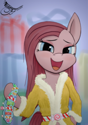 Size: 1080x1535 | Tagged: safe, artist:achmeddb, pinkie pie, spirit of hearth's warming presents, pony, g4, candy, clothes, coat, female, food, pinkamena diane pie, solo