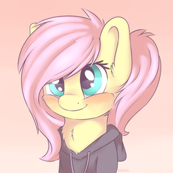 Size: 2100x2100 | Tagged: safe, artist:dbleki, fluttershy, pony, g4, alternate hairstyle, blushing, bust, cheek fluff, chest fluff, clothes, cute, female, floppy ears, fluffy, fluffyball, gradient background, high res, hoodie, looking at you, portrait, shyabetes, smiling, solo, sweet dreams fuel