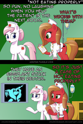 Size: 800x1187 | Tagged: safe, artist:deusexequus, nurse redheart, oc, oc:pun, earth pony, pony, ask pun, g4, ask, clipboard, clothes, comic, dialogue, duo, duo female, eggplant, female, food, implied anal insertion, implied insertion, mare, nurse, nurse outfit, x-ray