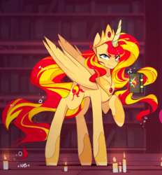 Size: 1280x1377 | Tagged: safe, artist:novabytes, part of a set, sunset shimmer, alicorn, pony, g4, alicornified, book, candle, crown, jewelry, journal, long legs, looking at you, offscreen character, race swap, regalia, shimmercorn, smiling, solo focus