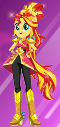 Size: 252x535 | Tagged: safe, artist:glittertiara, sunset shimmer, equestria girls, g4, my little pony equestria girls: legend of everfree, boots, box art, clothes, crystal guardian, female, high heel boots, looking at you, open mouth, pants, ponied up, solo, starsue