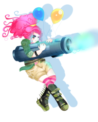 Size: 2400x3000 | Tagged: safe, artist:sawkssombercircus, pinkie pie, human, g4, balloon, boots, clothes, female, high res, humanized, party cannon, rocket launcher, shadow, shorts, simple background, socks, solo, striped socks, white background