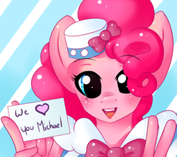 Size: 2600x2300 | Tagged: safe, artist:sawkssombercircus, pinkie pie, anthro, g4, clothes, dress, female, gala dress, high res, michael morones, op is a slowpoke, sign, solo