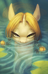Size: 2600x4000 | Tagged: safe, artist:shedence, oc, oc only, pony, unicorn, floating, heterochromia, lidded eyes, lilypad, looking at you, ophelia, partially submerged, ripples, semi-realistic, solo, swimming, underwater, water, waterlily