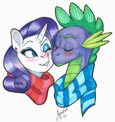 Size: 1600x1706 | Tagged: safe, artist:whisperseas, rarity, spike, dragon, pony, unicorn, g4, 2016, blushing, cheek kiss, clothes, dated, duo, eyes closed, female, kissing, male, mare, older, older spike, one eye closed, scarf, ship:sparity, shipping, signature, simple background, straight, white background