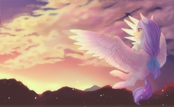 Size: 4400x2710 | Tagged: safe, artist:shedence, oc, oc only, pegasus, pony, backlighting, cloud, female, flying, hair tie, high res, mountain, sky, solo, sunrise, wallpaper