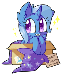 Size: 1065x1265 | Tagged: safe, artist:cloureed, trixie, pony, unicorn, g4, adorable face, box, cape, cardboard box, chest fluff, chibi, clothes, cute, cutie mark, diatrixes, ear fluff, female, fluffy, grin, hat, heart, homeless, pony in a box, sign, simple background, smiling, solo, sparkles, starry eyes, transparent background, trixie's cape, trixie's hat, wingding eyes