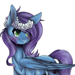 Size: 2000x2000 | Tagged: safe, artist:crimsonnight888, oc, oc only, oc:liquid harmony, pegasus, pony, blushing, floral head wreath, flower, grin, high res, simple background, smiling, solo, transparent background