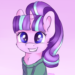Size: 2100x2100 | Tagged: safe, artist:dbleki, starlight glimmer, pony, unicorn, g4, blue eyes, bust, cheek fluff, chest fluff, clothes, cute, ear fluff, female, fluffy, fluffyball, glimmerbetes, gradient background, high res, hoodie, mare, portrait, s5 starlight, smiling, solo, sweet dreams fuel