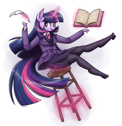 Size: 1280x1321 | Tagged: safe, artist:king-kakapo, twilight sparkle, unicorn, anthro, unguligrade anthro, g4, arm hooves, book, clothes, female, floating, glowing horn, high heels, horn, looking at you, magic, open mouth, pantyhose, quill, shoes, side slit, simple background, skirt, skirt suit, smiling, solo, suit, three piece suit, white background