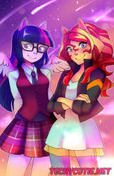 Size: 3300x5100 | Tagged: safe, artist:asparagusapparatus, artist:techycutie, sci-twi, sunset shimmer, twilight sparkle, equestria girls, g4, absurd resolution, female, lesbian, ponied up, ship:sci-twishimmer, ship:sunsetsparkle, shipping