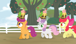 Size: 2400x1400 | Tagged: safe, artist:dtcx97, apple bloom, scootaloo, sweetie belle, earth pony, pegasus, pony, unicorn, g4, the show stoppers, apple tree, blank flank, bucket, cutie mark crusaders, female, filly, foal, head carry, hooves, horn, pig food, redraw, scene interpretation, tree, wings