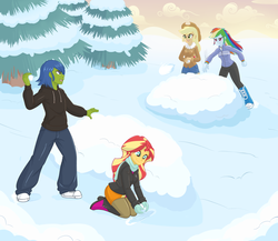 Size: 2470x2140 | Tagged: safe, artist:rapps, applejack, rainbow dash, sunset shimmer, oc, oc:rally flag, equestria girls, g4, high res, snow, snowball, snowball fight, tree