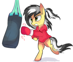 Size: 627x535 | Tagged: safe, artist:aureai, derpibooru exclusive, oc, oc only, oc:uppercute, earth pony, pony, angry, bipedal, boxing, boxing gloves, clothes, punching bag, simple background, solo, transparent background