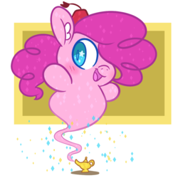 Size: 900x900 | Tagged: safe, artist:dailypinkiepie, pinkie pie, genie, genie pony, pony, g4, blushing, chibi, chubby, chubby cheeks, cute, ear fluff, female, geniefied, hair over one eye, magic lamp, solo, starry eyes, wingding eyes