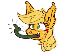 Size: 750x500 | Tagged: safe, artist:heir-of-rick, applejack, monster pony, original species, tatzlpony, g4, female, open mouth, prehensile tongue, solo, species swap, tatzljack, tentacle tongue, tentacles, thumbs up, tongue out