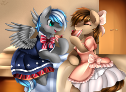 Size: 3509x2550 | Tagged: safe, artist:pridark, oc, oc only, oc:cloud zapper, oc:snapple, earth pony, pegasus, pony, cake, clothes, commission, crossdressing, dessert, dress, duo, eating, food, high res, male, stallion
