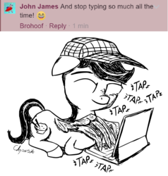 Size: 1500x1578 | Tagged: safe, artist:chopsticks, oc, oc only, oc:chopsticks, pony, black and white, computer, cutie mark, facebook, grayscale, hat, laptop computer, lying down, male, monochrome, ponyhoof, ponysona, reply art, smiling, solo, stallion, text, typing, wing hands