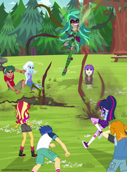 Size: 1730x2350 | Tagged: safe, artist:charliexe, flash sentry, gaea everfree, gloriosa daisy, sci-twi, starlight, sunset shimmer, timber spruce, trixie, twilight sparkle, valhallen, equestria girls, g4, my little pony equestria girls: legend of everfree, armpits, clothes, converse, fist, magic, magical geodes, shoes, shorts, vine