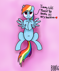 Size: 750x900 | Tagged: safe, artist:bigbullybiggs, rainbow dash, pony, g4, belly, belly button, blushing, cute, dashabetes, female, hnnng, looking at you, lying down, on back, solo, talking to viewer, wings