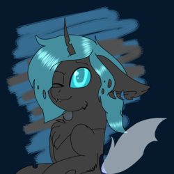 Size: 2560x2560 | Tagged: safe, artist:brokensilence, oc, oc only, oc:shifter, changeling, changeling oc, cute, fangs, fluffy, high res, one eye closed, solo, wink