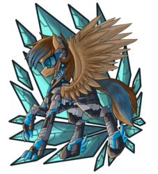 Size: 1000x1100 | Tagged: safe, artist:raptor007, oc, oc only, oc:playthrough, pegasus, pony, armor, claws, dragon armor, male, pose, smiling, solo, spread wings, stallion, visor