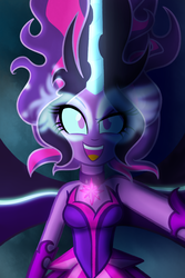 Size: 1000x1500 | Tagged: dead source, safe, artist:wubcakeva, sci-twi, twilight sparkle, equestria girls, g4, my little pony equestria girls: friendship games, bare shoulders, clothes, evil, female, glowing horn, horn, jewelry, looking at you, midnight sparkle, pendant, selfie, sleeveless, solo, strapless
