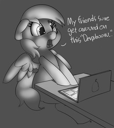 Size: 1280x1429 | Tagged: safe, artist:pabbley, derpy hooves, pegasus, pony, derpibooru, g4, computer, dialogue, female, floppy ears, grayscale, implied porn, laptop computer, mare, meta, monochrome, open mouth, simple background, sitting, solo, spread wings, this will not end well, understatement