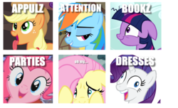 Size: 1280x780 | Tagged: safe, applejack, fluttershy, pinkie pie, rainbow dash, rarity, twilight sparkle, pony, g4, :t, appul, book, bookhorse, clothes, derp, dress, excited, exploitable meme, flanderization, floppy ears, grin, hi anon, i didn't listen, image macro, in a nutshell, lidded eyes, looking at you, mane six, meme, oh my, open mouth, party, rariderp, shy, silly, silly pony, smiling, smug, stereotype, tongue out, wide eyes