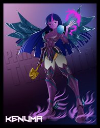 Size: 1817x2313 | Tagged: safe, artist:kenuma, spike, twilight sparkle, equestria girls, g4, armor, crystal wings, female, glowing hands, magic, saint seiya, scepter, solo, twilight scepter