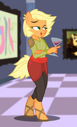 Size: 571x945 | Tagged: safe, artist:flash equestria photography, applejack, oc, oc:sparkling cider, anthro, unguligrade anthro, ultimare universe, g4, alcohol, alternate universe, female, fine art parody, mona lisa, show accurate, show accurate anthro, solo, wine