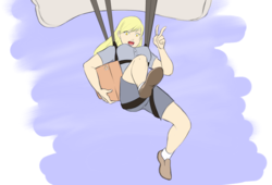 Size: 1263x858 | Tagged: safe, artist:eve-ashgrove, derpy hooves, human, g4, air ponyville, breasts, busty derpy hooves, delivery, falling, female, from below, humanized, mailmare, package, parachute, peace sign, simple background, skydiving, smiling, solo