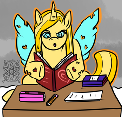 Size: 936x898 | Tagged: safe, artist:sapphirus, oc, oc only, oc:glimmermelody, changeling, :o, book, changeling oc, commission, female, mare, open mouth, pencil, reading, solo, studying, yellow changeling