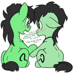 Size: 909x915 | Tagged: safe, artist:lockhe4rt, oc, oc only, oc:anon, oc:colt anon, earth pony, pony, anoncolt, blushing, colt, dialogue, floppy ears, gay, glasses, holding hooves, male, open mouth, sitting