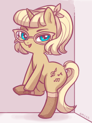 Size: 636x853 | Tagged: safe, artist:mcponyponypony, oc, oc only, oc:chordette, pony, unicorn, bipedal, clothes, dock, dressing, fishnet stockings, glasses, headband, lidded eyes, looking at you, open mouth, smiling, solo, stockings