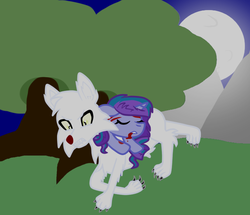 Size: 692x596 | Tagged: safe, artist:purpleloverpony, oc, oc only, oc:thunder swirls, oc:zev, pony, unicorn, wolf, blood, horn, moon, night, tree, unicorn oc