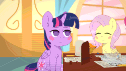 Size: 500x281 | Tagged: safe, artist:omegaozone, fluttershy, pinkie pie, rainbow dash, twilight sparkle, alicorn, pony, g4, animated, dungeons and dragons, female, frame by frame, gif, grin, parallax scrolling, roleponies, sitting, smiling, story in the comments, twilight sparkle (alicorn), unamused, whinnyland