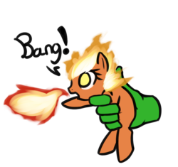 Size: 806x757 | Tagged: safe, artist:neuro, oc, oc only, oc:anon, human, object pony, original species, pony, bang, behaving like a weapon, fake gun, fire, fire breath, hand, in goliath's palm, mane of fire, ponified, simple background, tiny ponies, transparent background