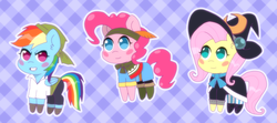 Size: 1280x569 | Tagged: safe, artist:omegaozone, fluttershy, pinkie pie, rainbow dash, g4, clothes, costume, hat, roleponies, trio, witch hat