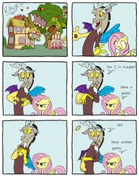 Size: 1008x1280 | Tagged: safe, artist:aemi, discord, fluttershy, draconequus, pegasus, pony, g4, comic, descriptive noise, dialogue, duo, fluttershy is not amused, fluttershy's cottage, meme, open mouth, peeved, shrunken pupils, spread wings, text, unamused, wide eyes