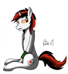 Size: 376x413 | Tagged: safe, artist:officiallunardj, oc, oc only, oc:blackjack, pony, unicorn, fallout equestria, fallout equestria: project horizons, fanfic, fanfic art, female, hooves, horn, mare, pipbuck, simple background, sitting, solo, white background