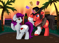 Size: 3509x2550 | Tagged: safe, artist:pridark, oc, oc only, oc:casino royale, oc:sleight lock, earth pony, pony, unicorn, butt, card, city, clothes, commission, hat, high res, magic, palm tree, plot, swimsuit, tree