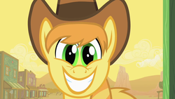 Size: 1280x720 | Tagged: safe, screencap, braeburn, earth pony, pony, g4, over a barrel, appleloosa, braeburn's silly grin, cute, grin, hat, looking at you, male, smiling, solo, squee, stallion
