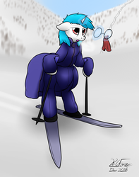 Size: 1435x1820 | Tagged: safe, artist:the-furry-railfan, oc, oc only, oc:minty candy, pony, unicorn, bipedal, clothes, coat, diaper, exhausted, glasses, jacket, magic, mountain, non-baby in diaper, poofy diaper, skiing, skis, snow, solo, winter, wiping
