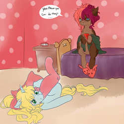 Size: 3000x3000 | Tagged: safe, artist:rosewend, oc, oc only, oc:ruef, oc:sophie, annoyed, bedroom, bff, blond tail, blonde mane, blue coat, brown coat, bunny slippers, clothes, high res, multicolored hair, sitting, slippers, speech bubble, stockings