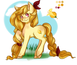 Size: 1105x930 | Tagged: safe, artist:rosewend, oc, oc only, oc:honey speckle, pony, blonde mane, blonde tail, earth horse, flower theme, reference sheet, solo, yellow coat, yellow mane, yellow tail