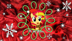 Size: 1920x1080 | Tagged: safe, artist:ahsokafan100, artist:arifproject, sunset shimmer, pony, unicorn, g4, christmas, clothes, cookie, cute, female, food, hat, mare, mouth hold, santa hat, scarf, snow, snowflake, solo, vector, wallpaper